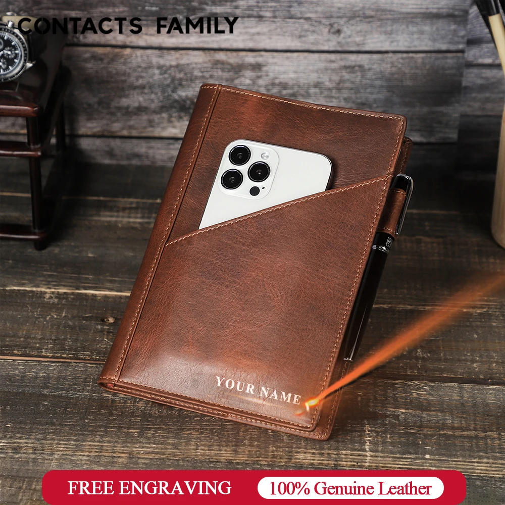 

CONTACT'S FAMILY Handmade Genuine Leather A5 B5 Book Protector Cover With Cellphone Pocket Pen Holder Office School Supplies