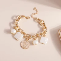 new multiple charms square round imitation pearl portrait coins chain link bracelets fashion women daily wearing jewelry