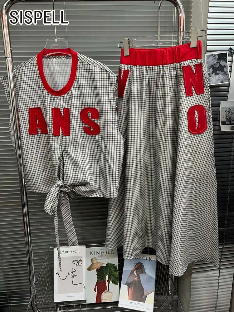 

SISPELL Hit Color Two Piece Set For Women Round Neck Sleeveless Patchwork Lace Up Tops High Waist Folds Skirt Casual Sets Female