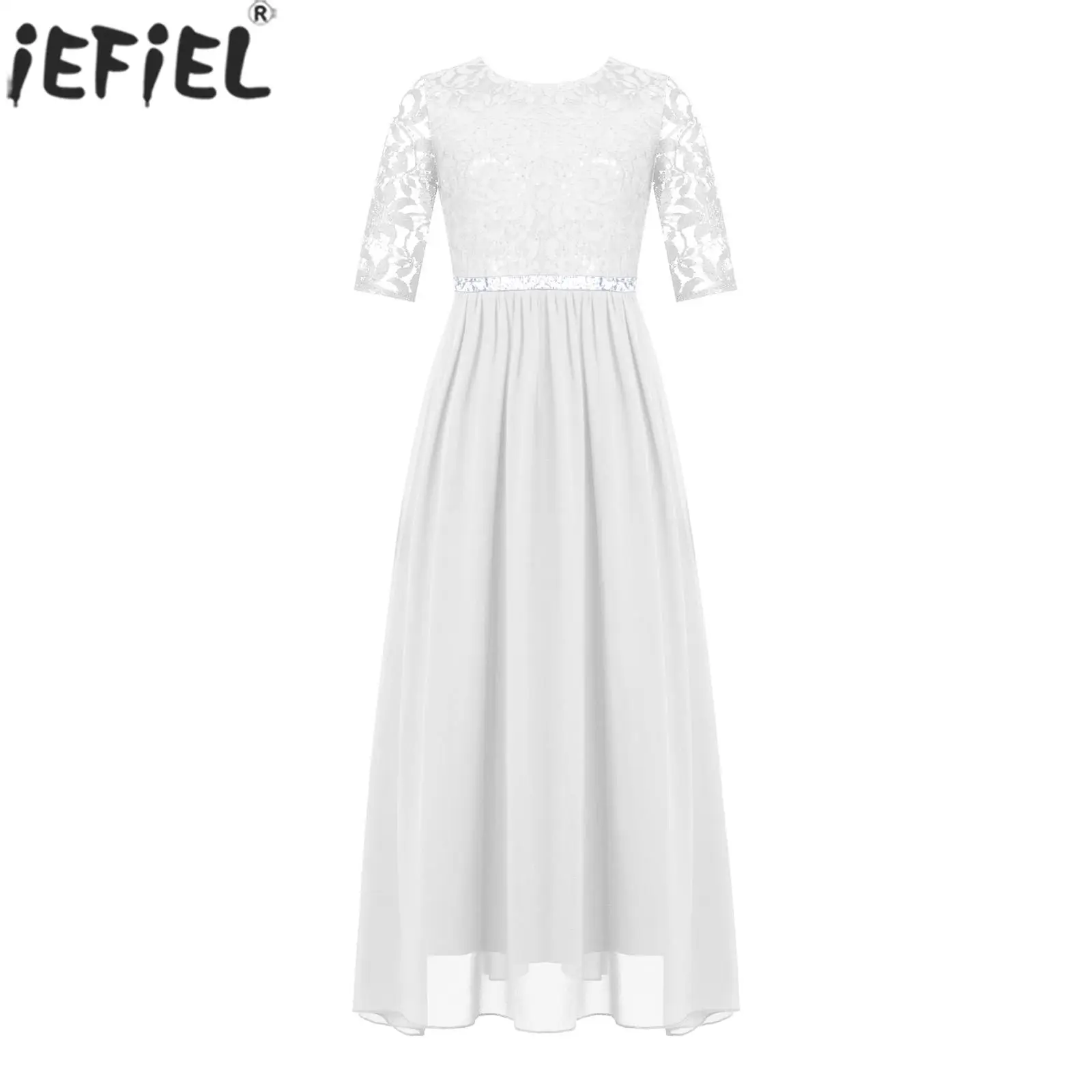 

Kid Girls Wedding Bridesmaid Birthday Party Dress Shiny Rhinestone Backless Lace Bodice Chiffon Maxi Dress for Prom Pageant
