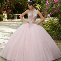 light pink quinceanera dresses sleeveless tulle long sweet 16 ball gown halter lace beaded lace up princess vestidos de 15 anos