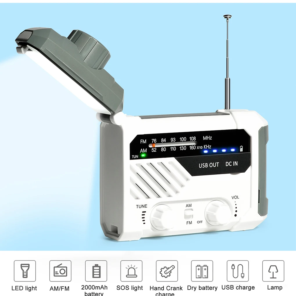 

Ручное портативное радио с антенной, многофункциональное зарядное устройство на солнечной батарее, светодиодный фонарик, внешний аккумуля...