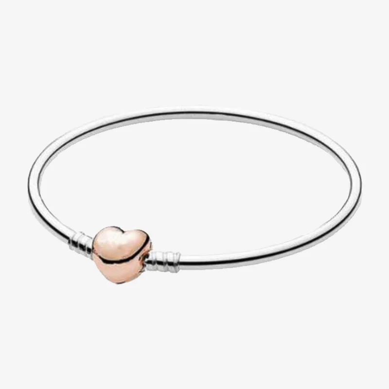 

925 Sterling Silver Pan Bracelet Rose Gold Heart Clasp Classic Bracelet Fit European Charm Bracelets Women Jewelry