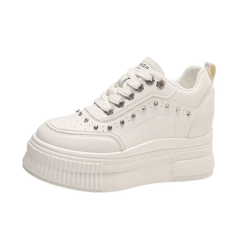 Height Increasing Insole Women's 2023 Spring New Rhinestone White Shoes 8 cm Platform Casual Popular Sneakers