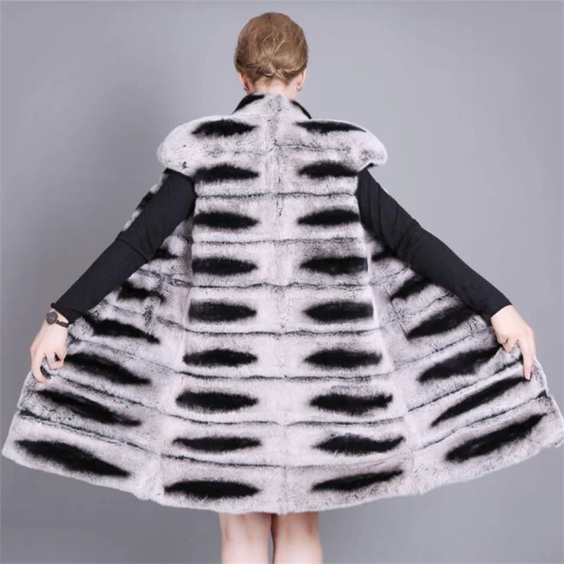 90CM Women Real Rex Rabbit Fur Vest Stand Collar Natural Chinchilla Color Rabbit Fur Waistcoat Sleeveless Jacket