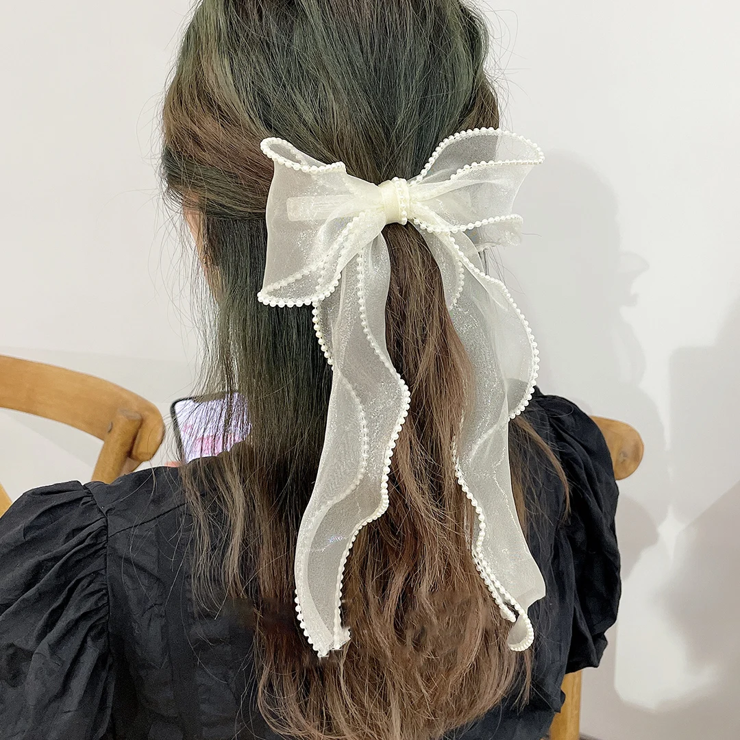 

Pearls Fishtail Yarn Bow Hairpin Wave Organza Single Layer Bowknot Ribbon Hair Clip Korean Sweet Women Hair Accessories Gift