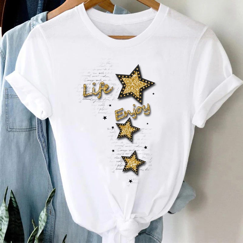 

Tee Women Casual Top Clothes Lady Short Sleeve Fashion Leopard Star Cute Sweet Summer Tshirt Spring Female Graphic T-Shirt