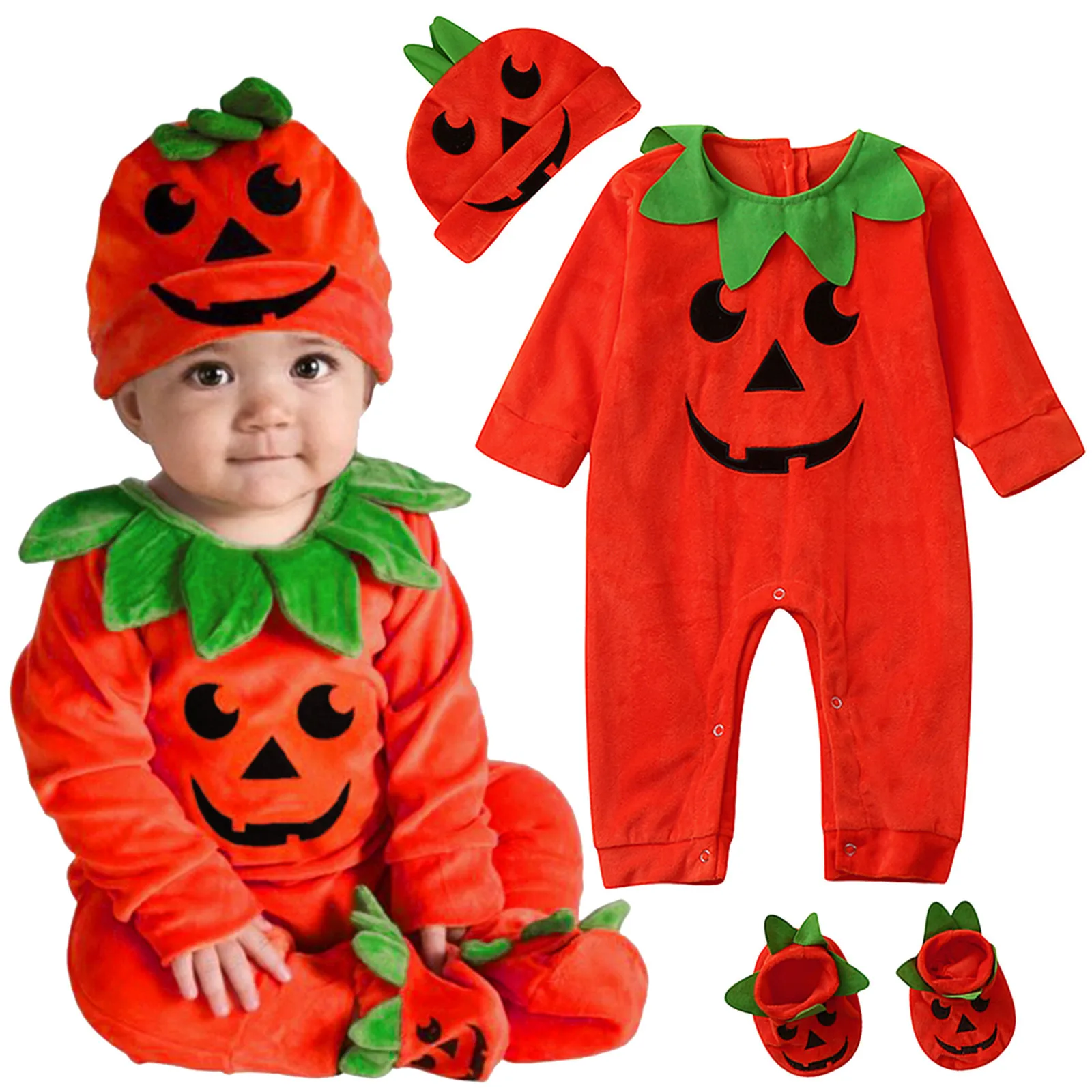 

Baby Zipper Romper Infant Boys Girls Halloween Long Sleeve Romper Cartoon Pumpkin Cosplay Costume Jumpsuit Hat Plain Boys Romper