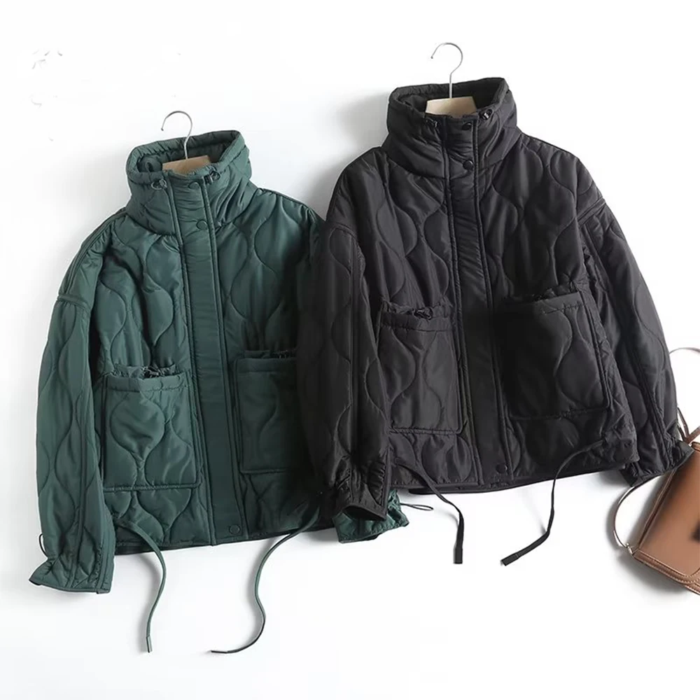 

WOMEN TRAF 2022 New Winter Cotton Jackets Casual Long Sleeve Pocket Decoration Retro Solid Color Elegant Female Fashion Coats