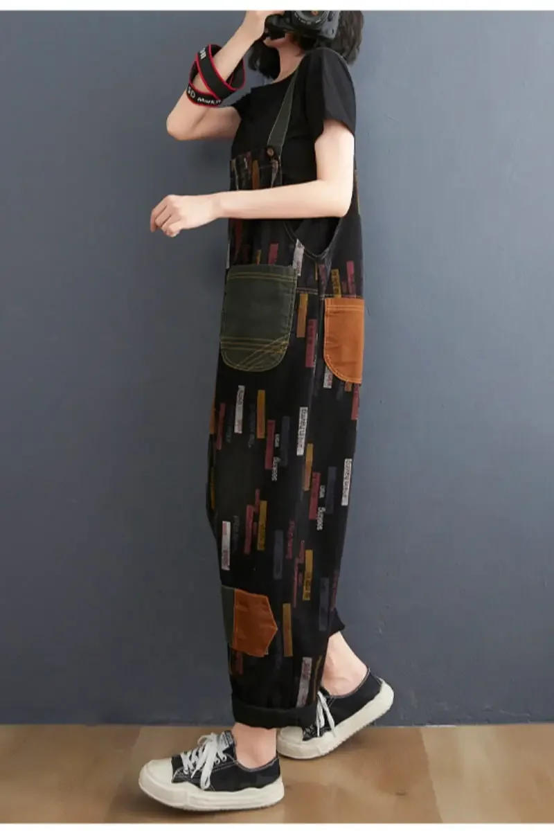 Комбинезон женский джинсовый в стиле ретро с принтом Свободный Повседневный