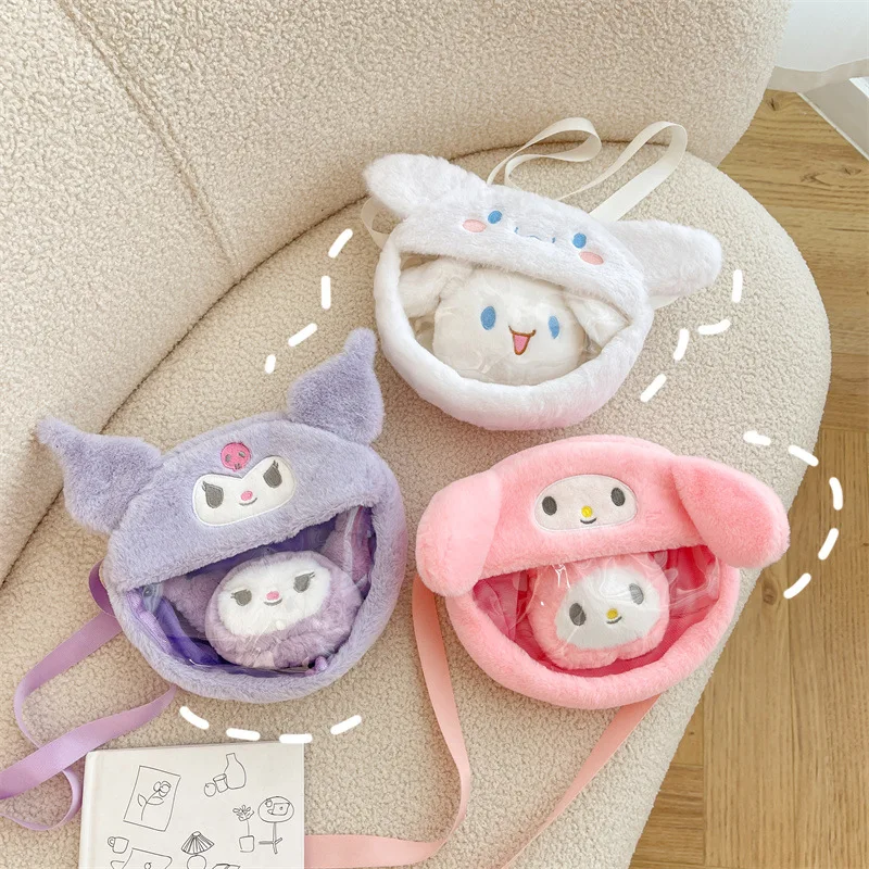 

Sanrio Hello Kitty Plush Shoulder Bags Kulomi Cinnamoroll Cartoons Messenger Bag 20X18X6Cm Children Anime Handbag with Doll Gift