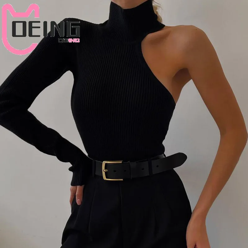 

OEING 2022 Spring Black One Shoulder Ribbed Knitted Elegant Bodysuit Women Skinny Tops Party Sexy Cut Out Bodysuits Clothes