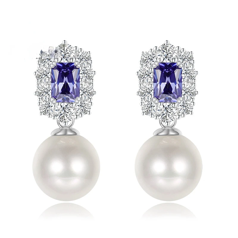 

Spring Qiaoer 100% 925 Sterling Silver 12MM Lab Pearl Sapphire Gemstone Dangle Earrings Anniversary Gift Jewelry For Women