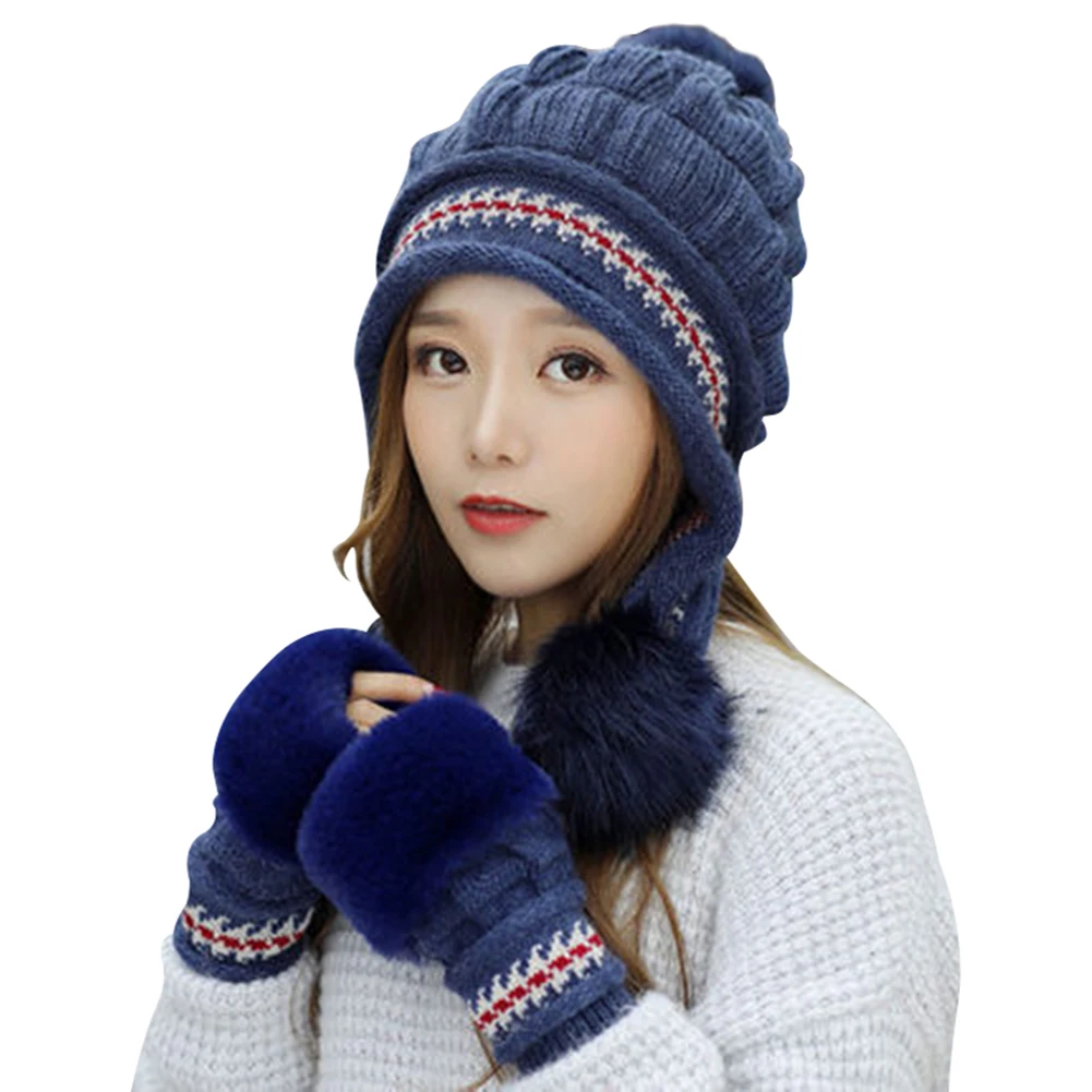 

Fashion Women Knitted Hat Gloves Set Xmas Warming Beanie Hat Full Cover Glove Kit for Winter Hat Gloves Warming Thicken Newly