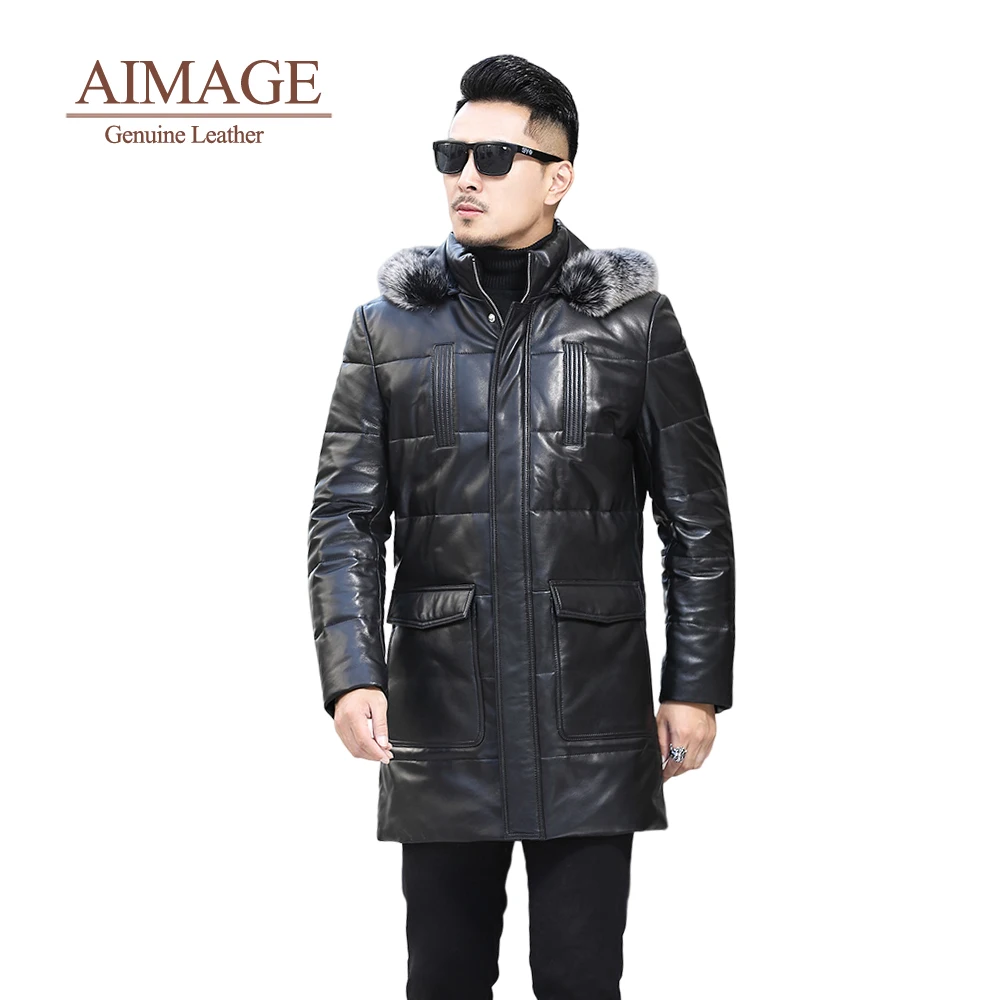 

Winter Men Real Leather Down Jackets Warm Fox Collar Outwear Stylish Hooded Jaqueta Puffer Sheepskin Top Layer Jaqueta PY453