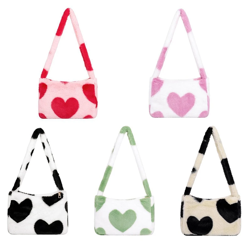 

Soft Plush Shoulder Bags Female Large Capacity Travel Bag Winter Warm Fluffy Totes Cute Heart Print Bags For Women
