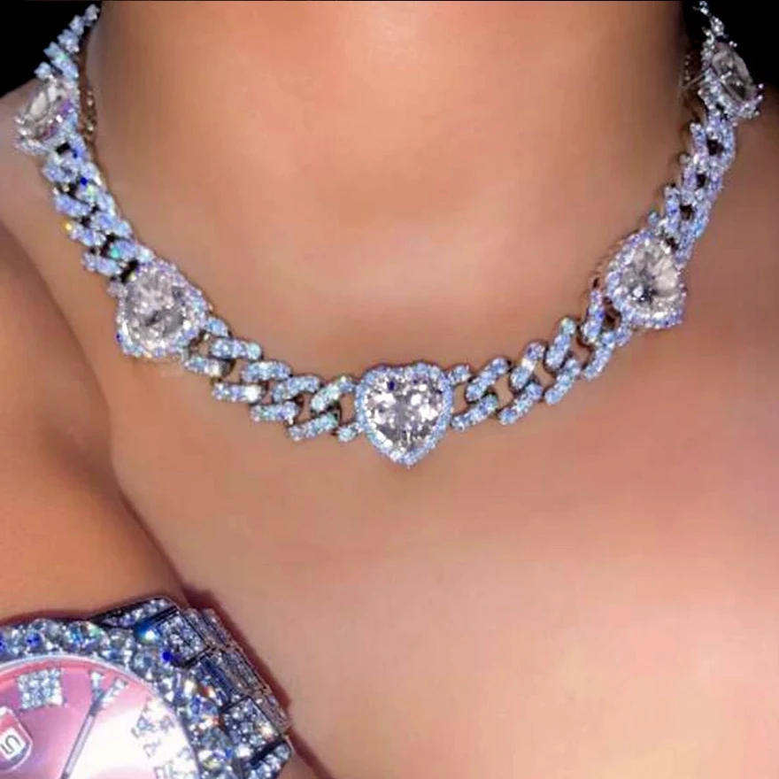Luxury Iced Out Heart Crystal Cuban Chain Necklace For Women Bling Paved Rhinestones Cuban Link Necklace Choker Hip Hop Jewelry