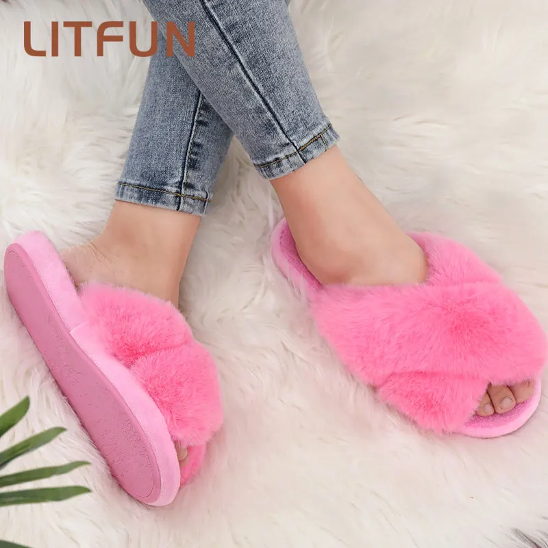 

Litfun Indoor Plush Furry Slippers Women Home Cross Band Fluffy Fur Flip Flops Women Winter Cozy Plush Bedroom Open Toe Shoes