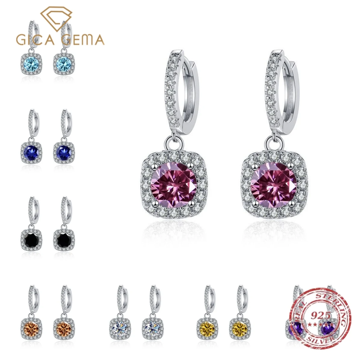 

Gica Gema Fashion 925 Silver Multicolour Square Drop Earrings For Women Shinny Cubic Zirconia Statement Wedding Party Jewelry
