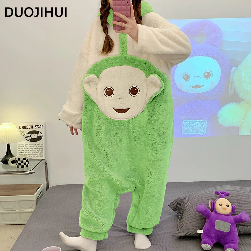 

DUOJIHUI Classic Spell Color Hooded Loose Onesie Women Winter Flannel Thick Warm Casual Simple Fashion Onsies Pajamas for Woman