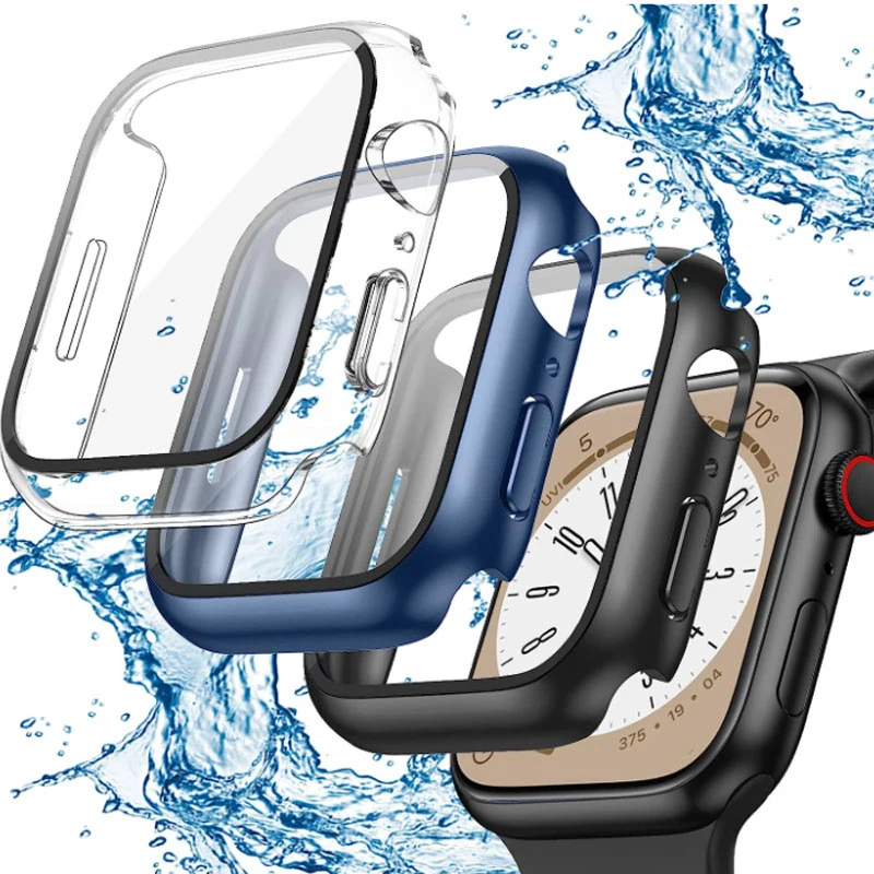 z osłoną ekranu do Apple Watch Case 45 mm 44 41 40 42 Folia ze szkła hartowanego Twarda osłona PC Bumper iWatch 9 8 7 6 SE 5 4 3