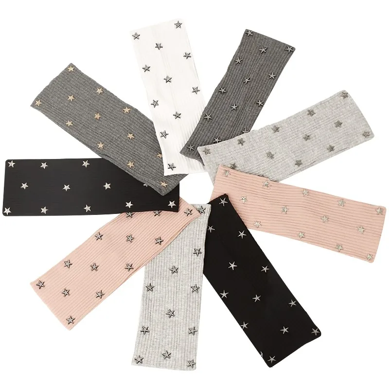 

Women Star Ornament Elastic Headband Cotton Girls Ribbing Knitted Solid Color Hairband Baggy Casual Hair Accessories