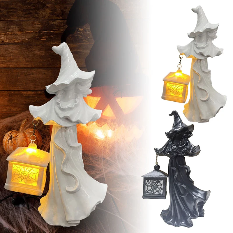 

Halloween Witch Resin Ornament Black And White Atmosphere Props Decoration Halloween Party Props LED Light Emitting Lantern