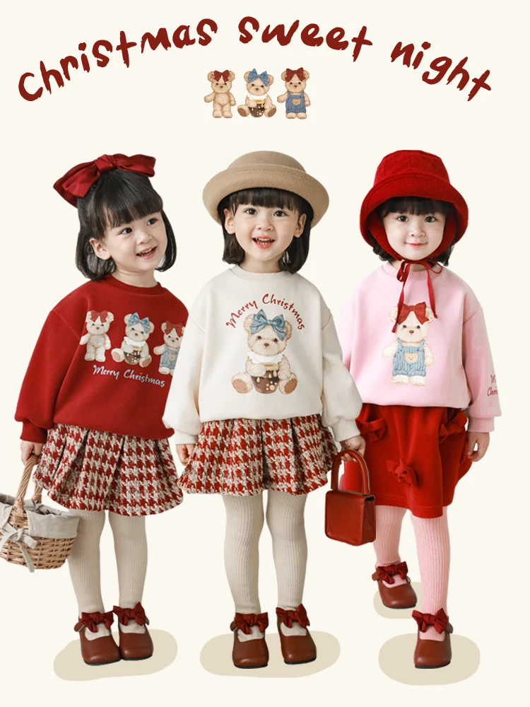 

Winter Girls' Fleece Sweatshirt Children's Cartoon Bear Fleece Top Baby Korean Loose Pullover