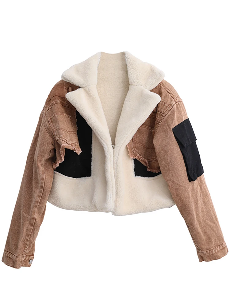 ZADORIN 2023 Winter Cropped Faux Wool Fur Jacket Women Patchwork Hit Color Motorcycle Denim Jacket With Woolen Inner Fur Coats