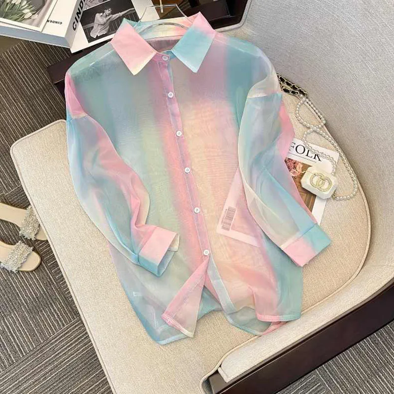 Women Summer Colorful Striped Shirts Soft Chiffon Sun-proof Korean Style College Ladies Fashion Beach Design Loose Outdoor Ins