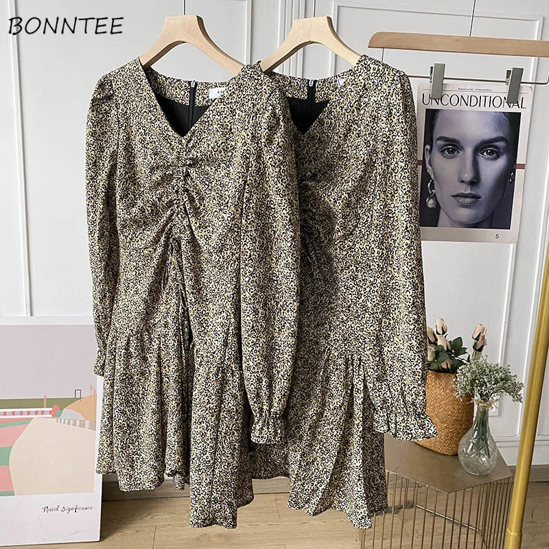 

Long Sleeve Dresses Women Leopard Sexy V-neck Mini Dress Fashion Ulzzang Chic Classic Vintage Leisure Streetwear Elegant Ladies