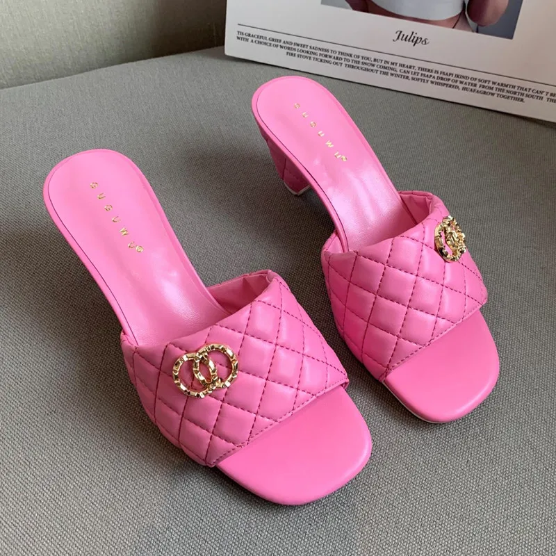 

Metal Decorated Woman Slippers Solid Checked Zapatos De Mujer Chunky Heels Slides Women Summer Shoes Fashion Casual Slippers