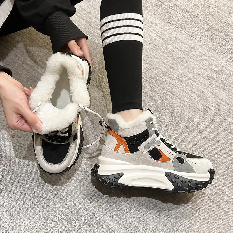 

Autuspin Winter Casual Women's Vulcanized Sneakers 2023 Office Ladies Genuine Suede Leather High-top Lace-up Warm Shoes Woman
