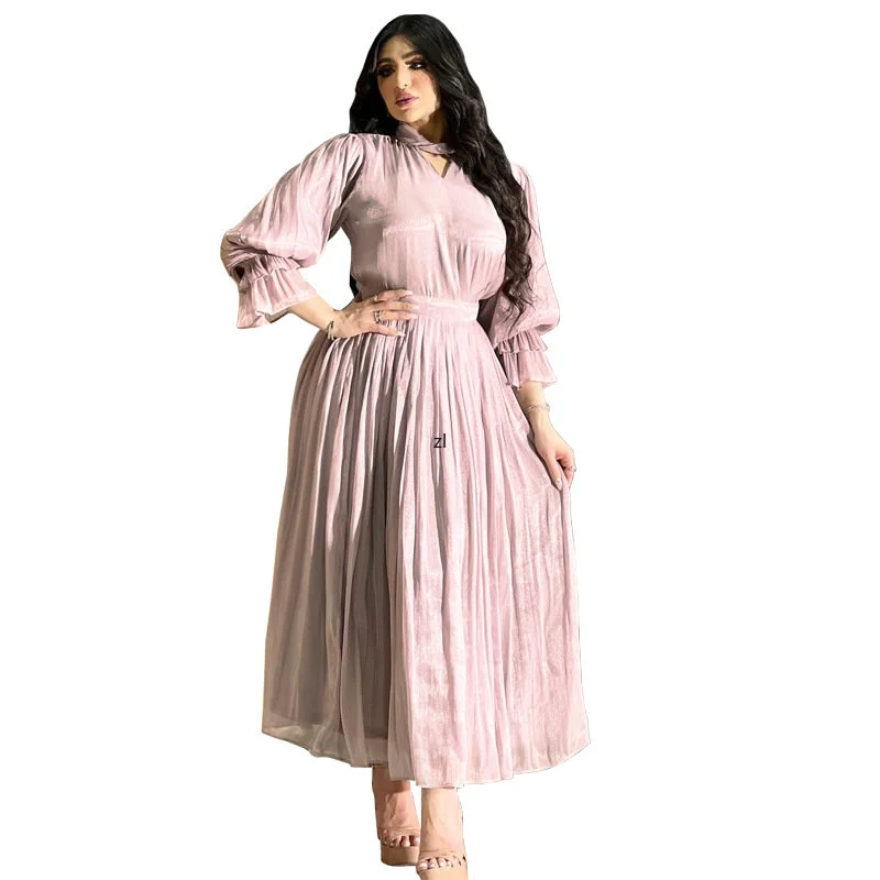 

Arabian Evening Long Dress Women Shiny Satin Eid Ramadan Pleated Muslim Party Dresses Gulf Jalabiya Modest Abaya Kaftan Pink