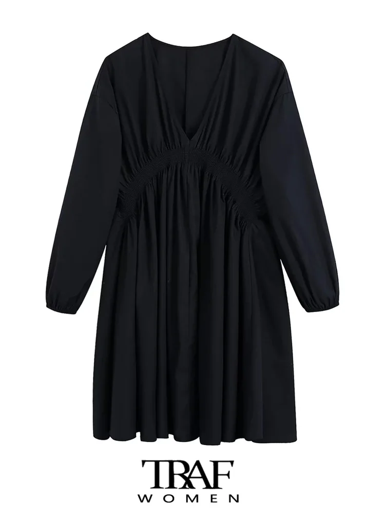 

TRAF Women Fashion Pleated Poplin Mini Dress Vintage V Neck Long Sleeve Female Dresses Vestidos Mujer