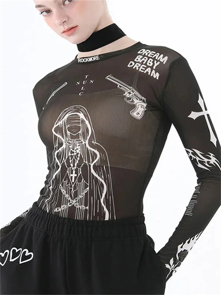 

2023 New Cyberpunk Dark Gothic T-shirts Women Streetwear Harajuku Grunge Y2k Graffic Print Long Sleeve See Through Crop Tee Tops