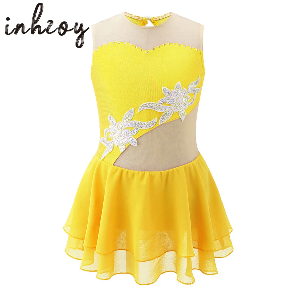 

Floral Figure Ice Skating Dress Kids Girls Sequins Rhinestone Gymnastics Leotard Ballroom Ballet Dance Performance Costume