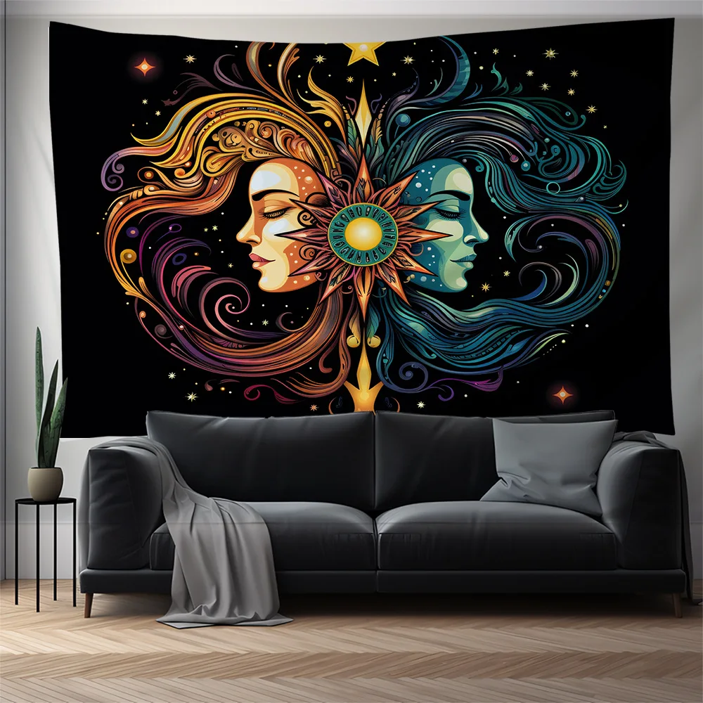 

Гобелен, цветной подвесной тканевый фон с изображением солнца и лица, черно-белый креативный домашний декор, гобелены для гостиной, спальни