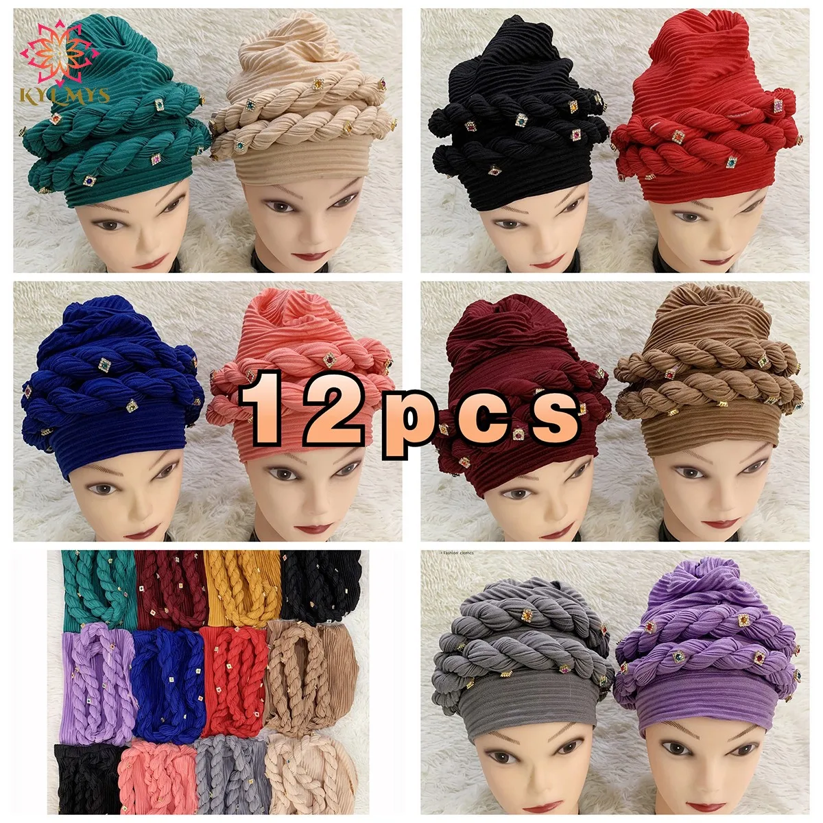 12 pcs Main Stream New Fashion Velvet  Women Muslim Turban Color Cotton Bandanas Beaded Braid Headwraps Women Hair Accessories