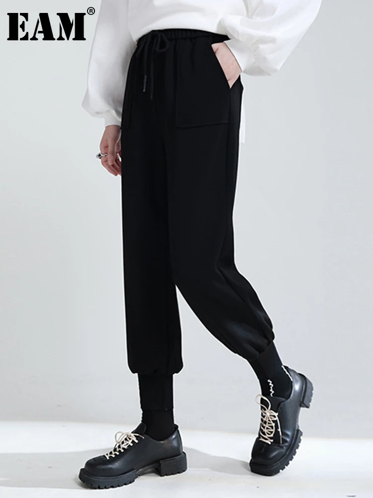 

[EAM] High Elastic Waist Black Brief Long Harem Trousers New Loose Fit Pants Women Fashion Tide Spring Autumn 2022 1DE4467