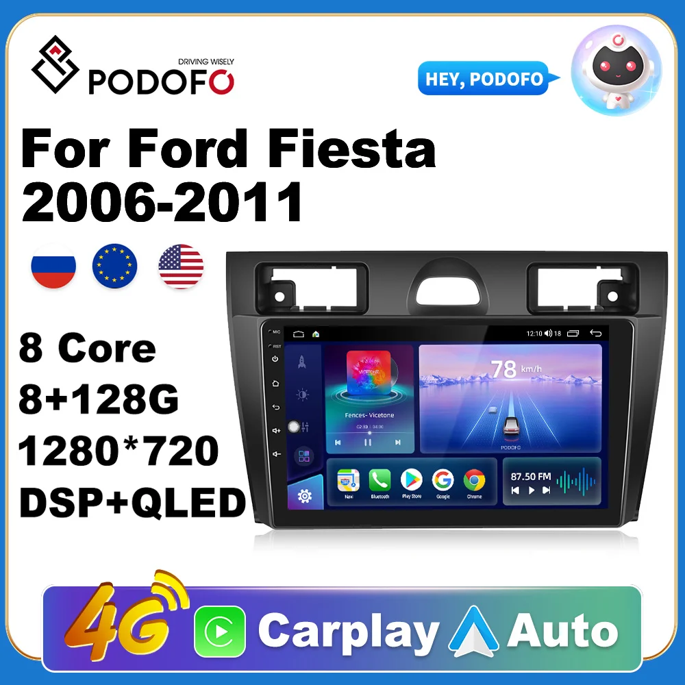 

Podofo AI Voice Android Carplay Car Radio For Ford Fiesta 2006-2011 2din Android Auto 4G Multimedia GPS autoradio DSP