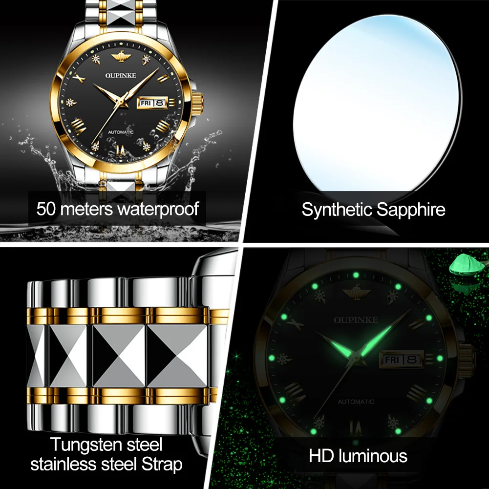 OUPINKE Classic Couple Watch Waterproof Luminous Sapphire Tungsten Steel Fashion Business Automatic Mechanical Couple Watch Set