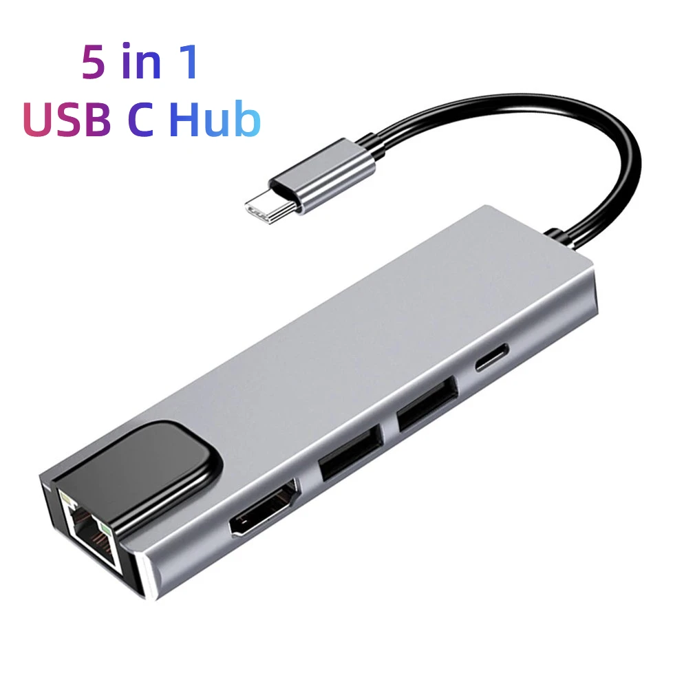 

USB C 5in1 Hub Type-C Thunderbolt3 To USB3.0 4K HDTV 100Mbps RJ45 Ethernet Adapter Dock Station with PD Charging for Macbook PC