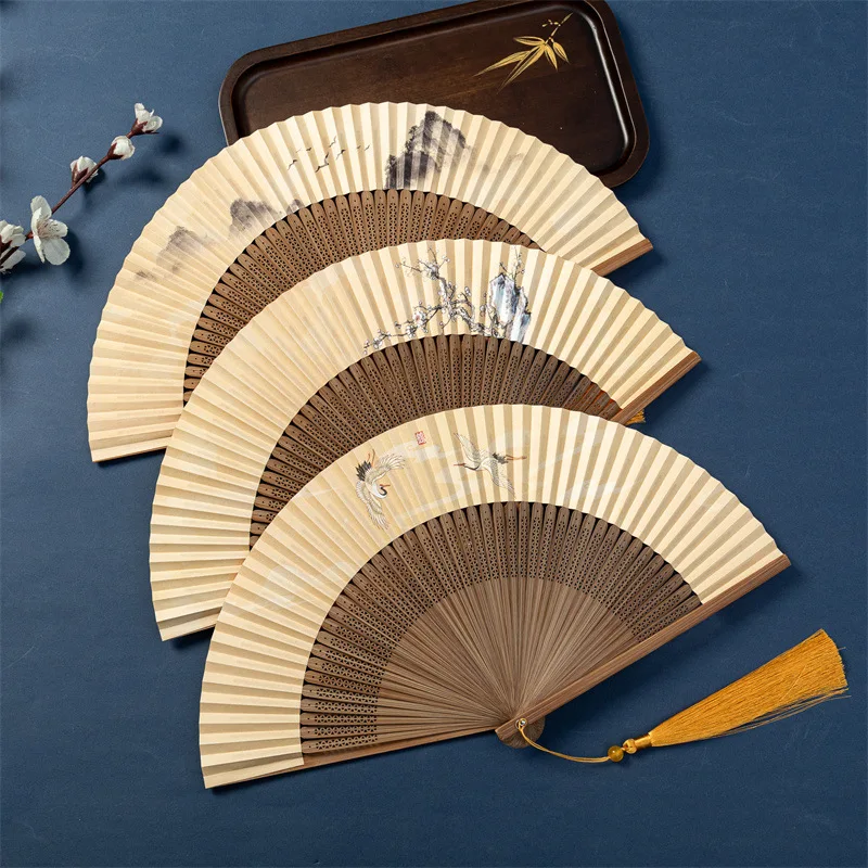 

Retro Chinese Style Bamboo Fan Portable Folding Fan Summer Handheld Classical Crane Gift Wedding Favors And Gift Home Decoration