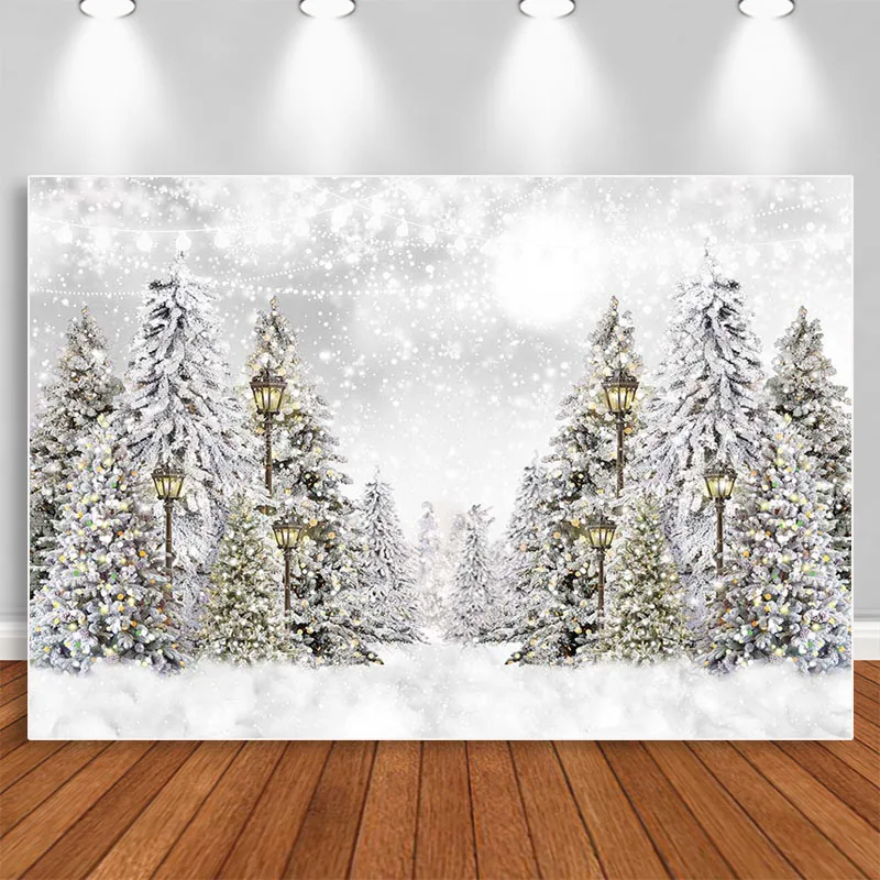 

Winter Wonderland Snow Forest Photography Bokeh Christmas Backdrops Xmas Tree Photoshoot Kids Portrait Background Photo Props