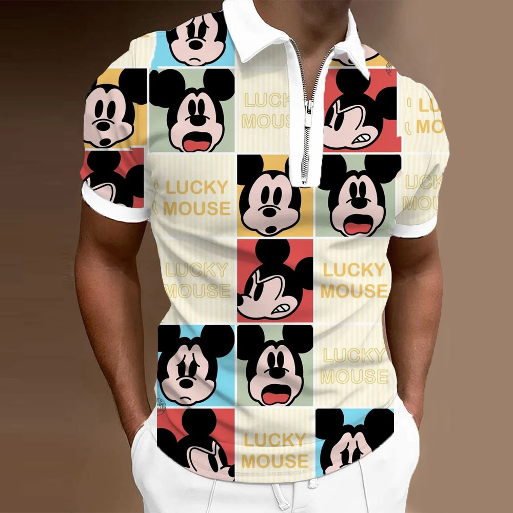 

Summer Disney Cartoon Casual 3D Print Polo Shirt Men's Short Sleeve Lapel Zip Slim Fit Mickey and Minnie Brand Men's Polo Shirt