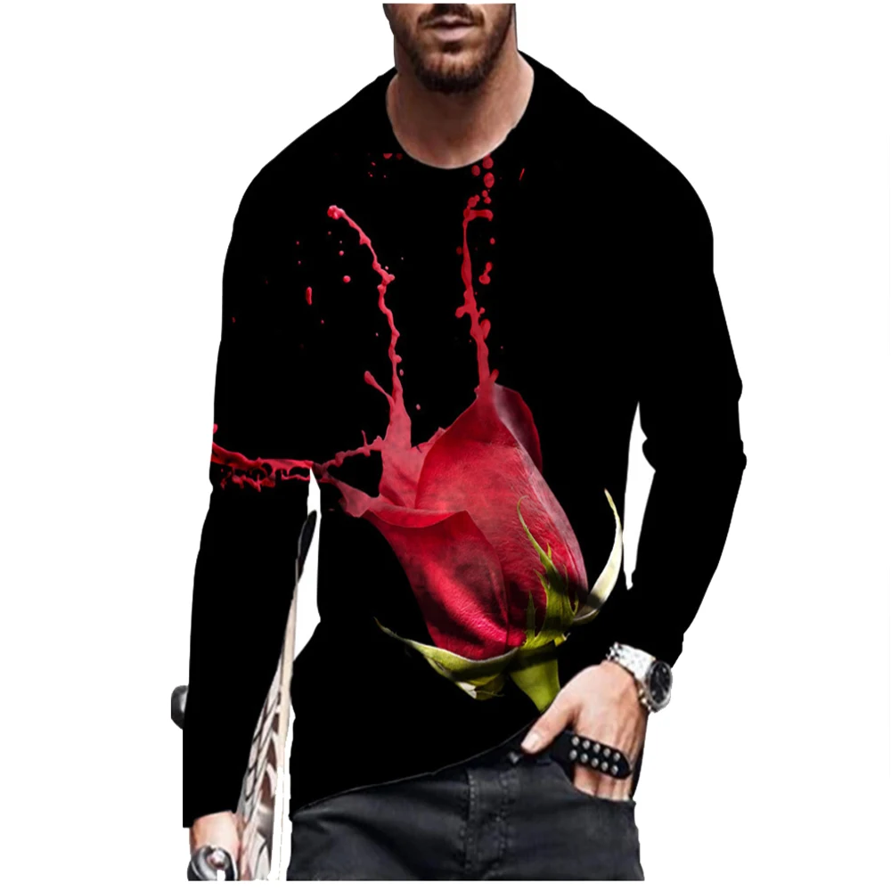 

2022 new European and American summer hip-hop men's 3D T-shirt cartoon printing rose long-sleeved casual fashion sports