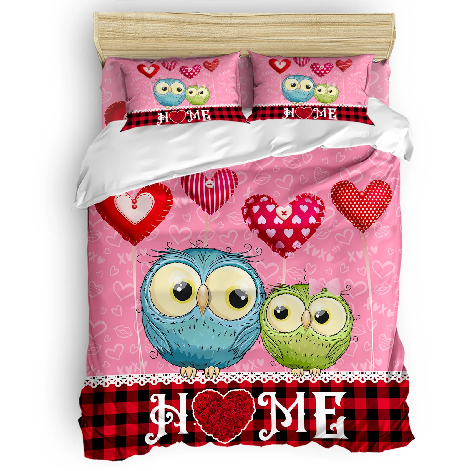 

Valentine's Day Love Bird Owl Balloon Plaid Comfortable Household Goods Bedroom Bed Luxury Duvet Cover 2/3/4 Pieces