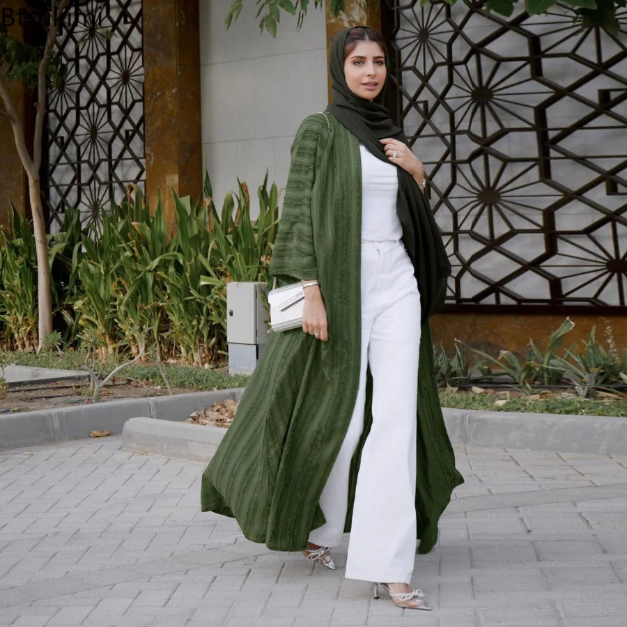 2023 Muslim Fashion Women Kimono Abaya Solid Striped Retro Ethnic Cardigan Robe Dubai Middle Eastern Saudi Arabia Eid Clothes