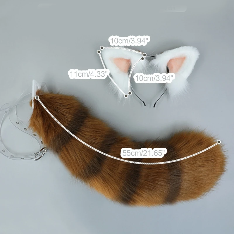 

H9ED Raccoon Ear and Tail Set Plush Furry Animal Ear Headband Halloween Party Costume Fox Tail Fancy Dress Anime Cosplay Prop